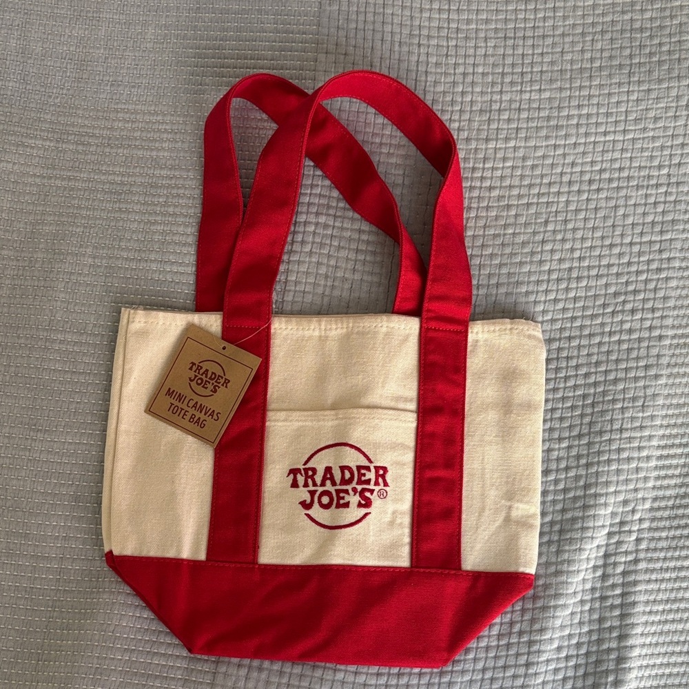 Trader Joe's Cream and Red Canvas Tote Bag